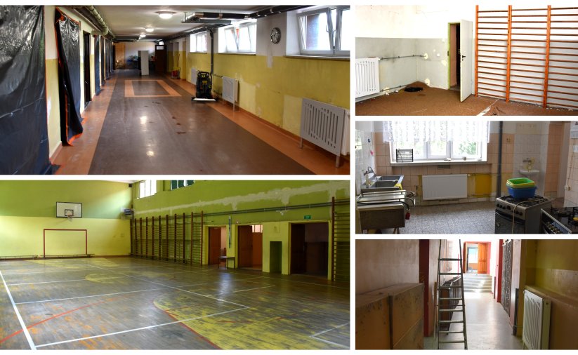 Kolaż zdjęć pomieszczeń SP9 przed remontem - salai gimnastycznej, korytarza i kuchni