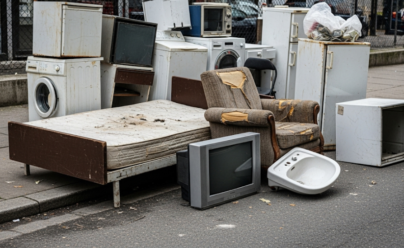 Stare lodówki, pralki, fotel, łóżko i telewizor leżące na chodniku