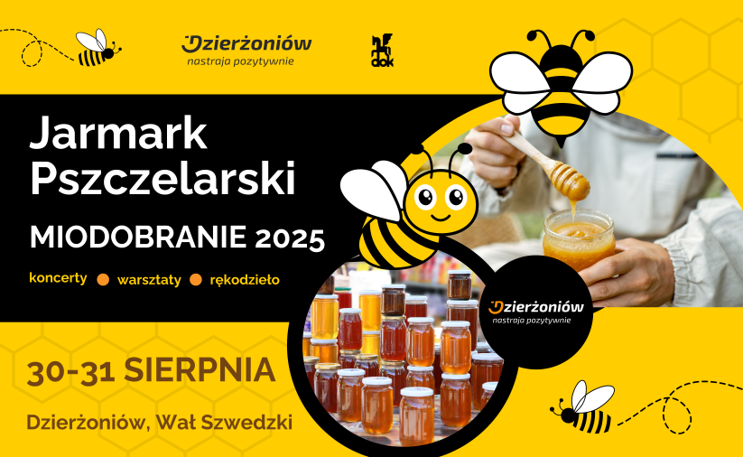 Grafika z pszczołą i miodem oraz napisem 24. Jarmark Pszczelarski Miodobranie 2025