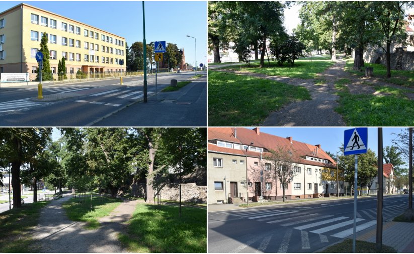 Kolaż czterech zdjęć, na dwóch prejścia dla pieszych, na dwóch pozostałych park i kamienne mury obronne