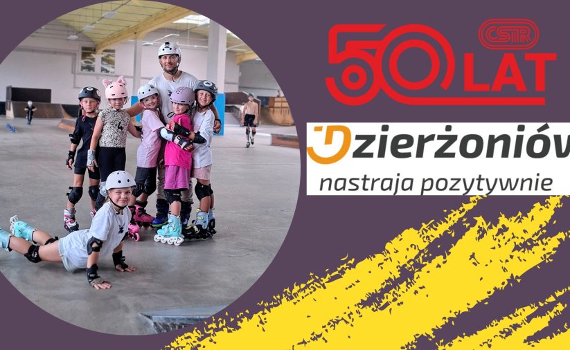 Grafika z logo Dzierżoniowa i Osir-u oraz z dziećmi na rolkach