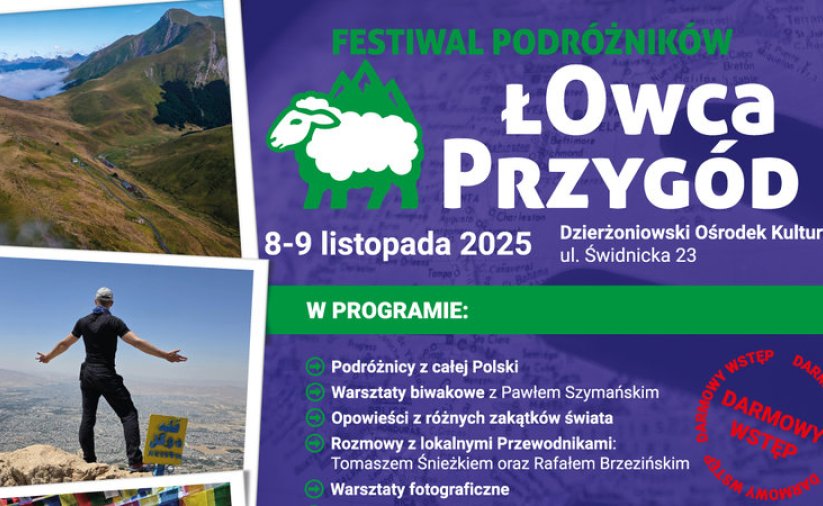 Grafika wycięta z plakatu festiwalu. Po lewej zdjęcia gór, po prawej część programu festiwalu