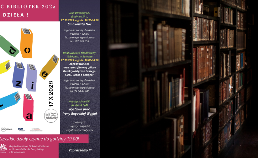Zdjęcie półek z książkami nocną porą i plakat wydarzenia Noc Bibliotek 