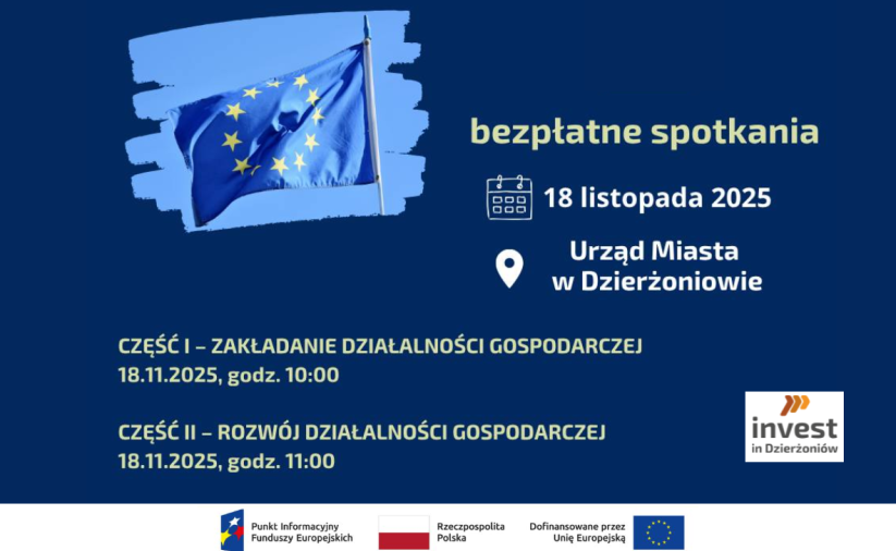Spotkanie w dniu 18.11.2025 r. W tle flaga Unii Europejskiej, w prawym dolnym rogu logo Invest in Dzierżoniów