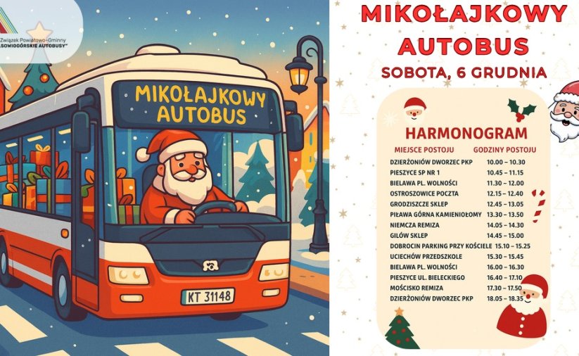 Grafikan z MIkołajem w autobusie i rozkład jazdy autobusu
