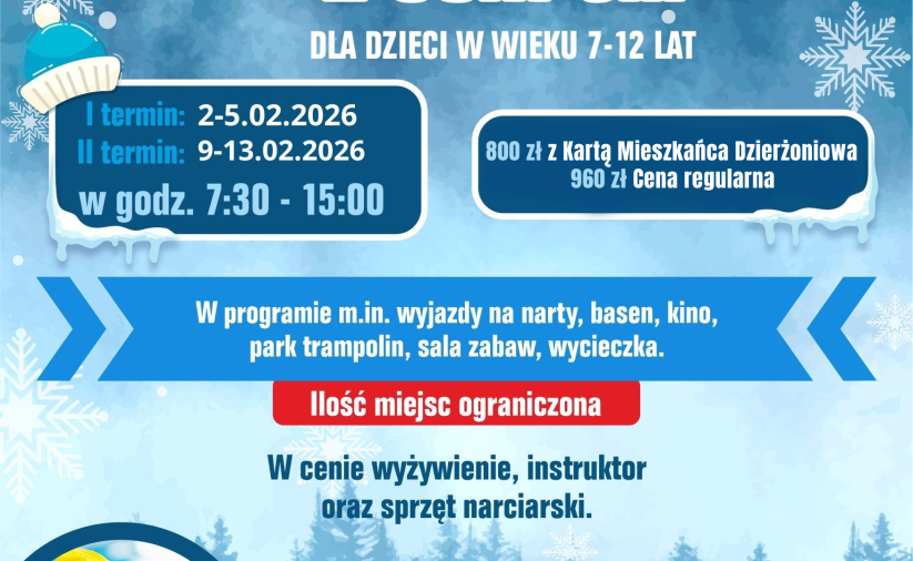Plakat półkolonii z logotypem OSiR-u, zdjęciami dzieci w kinie, na basenie i na nartach oraz terminami zajęć