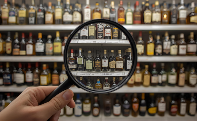 Zdjęcie półek z alkoholem, na pierwszym planie lupa, obraz za lupa powiększony