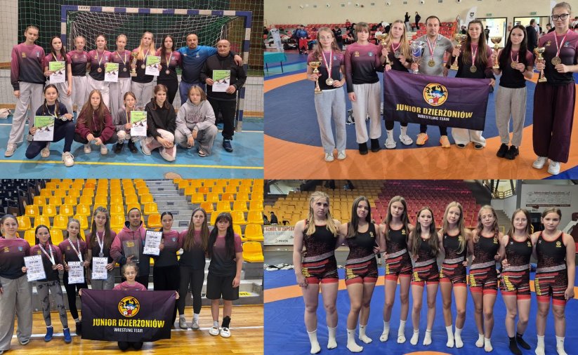 Cztery zdjęcia z zawodów - zapaśniczki z medalami