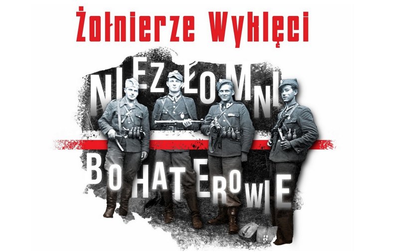 Czarno-białe zdjęcie żołnierzy wyklętych na tle konturów kraju