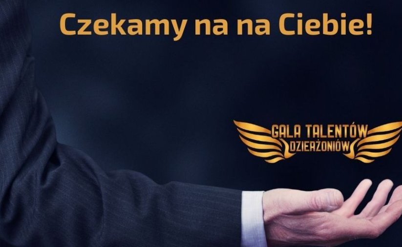 Grafika, niebieskie tło, napis Czekamy na Ciebie, na tle dłoń skierowana do góry nad nią napis Gala talentów Dzierżoniowa