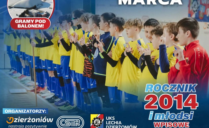 Plakat imprezy z młodymi piłkarzami na zdjęciu stojącymi w rzędzie