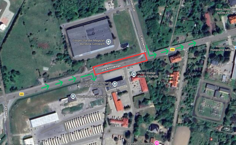 Widok mapy satelitarnej rejonu ul. Kilińskiego z zaznaczonymi możliwościami dojazdu