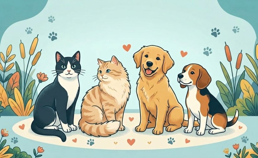 Rysunek dwóch psów i dwóch kotów