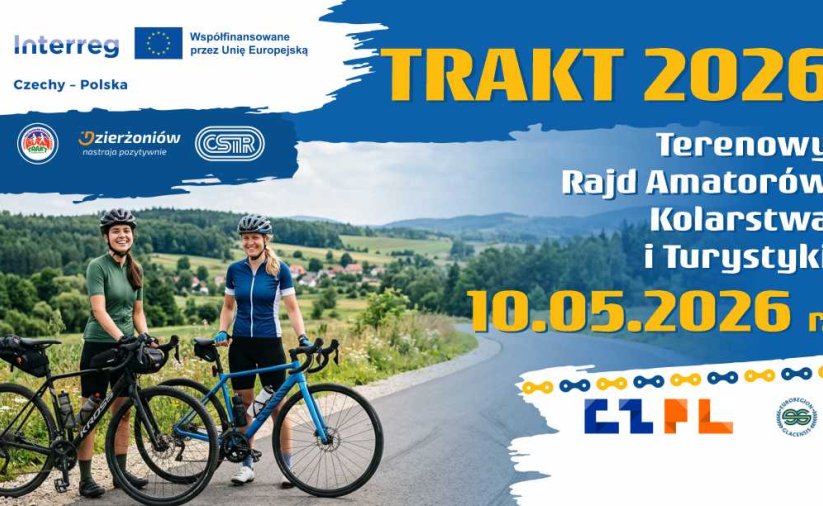 napis: TRAKT 2026 Terenowy rajd Amatorów Kolarstwa i Turystyki, logotupy unijne i euroregionu glacensis, para rowerzystek