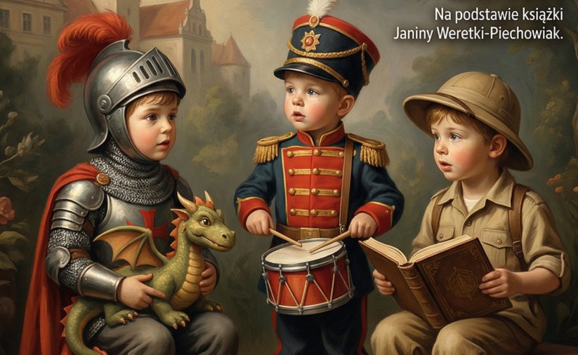 Trzech chłopców w strojach z różnych epok trzymających na kolanach książkę, bębenek i smoka