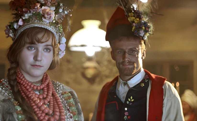 Kadr z filmu Wesele - kobieta i mężczyzna w ludowych strojach