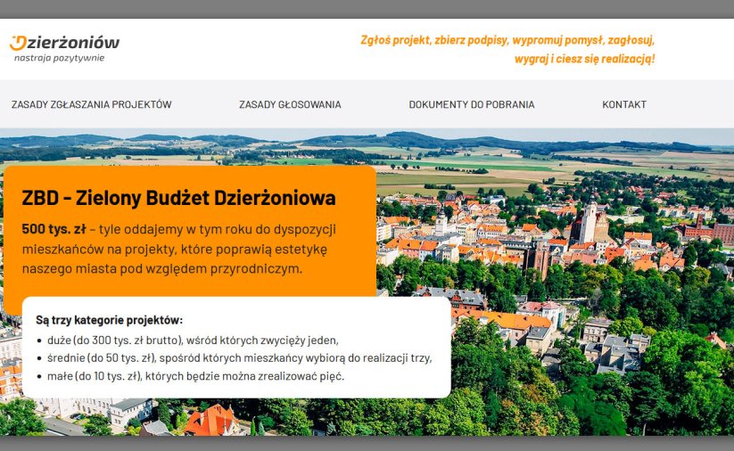 Dzierżoniów z góry, na pomarańczowym tle informacje podane w tekście