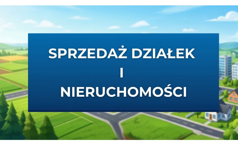 Grafika, niebieskie tło i biały napis "Sprzedaż działek i nieruchomości"