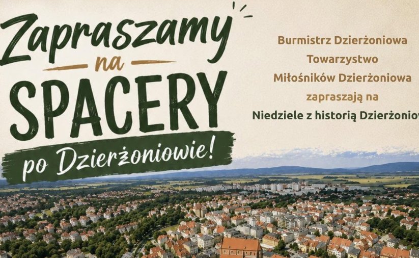 Grafika z napisem Zapraszamy na spacery i zdjęciem panoramy miasta