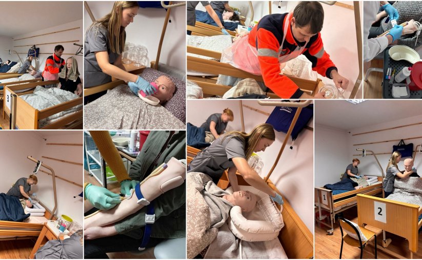 Kolaż zdjęć pokazujących szkolenie z opieki z wykorzystaniem manekinów