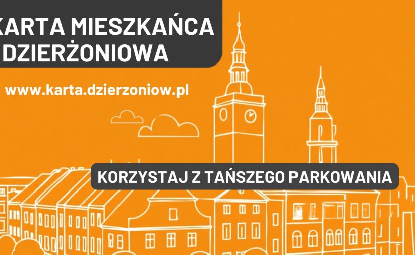 Element oszdobny - grafika z pomarańczowym tłem i napisem Karta Mieszkańca Dzierżoniowa