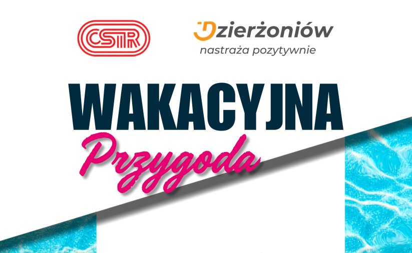Napis Wakacyjna Przygoda na białym tle oraz logotyp miasta i ośrodka sportu