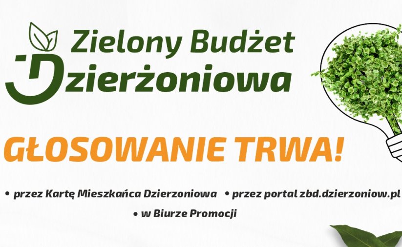 Grafika z logo Zielonego Budżetu Dzierżoniowa z napisem "Głosowanie trwa"
