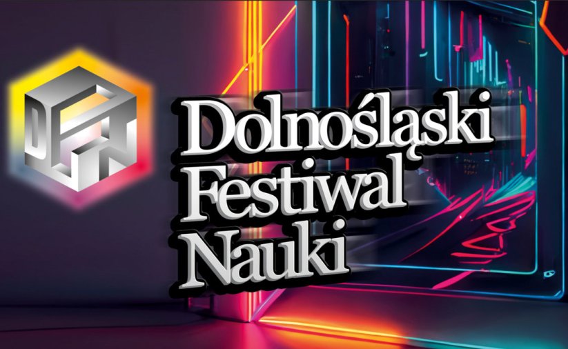 Napis Dolnośląski Festiwal Nauki na kolorowym tle