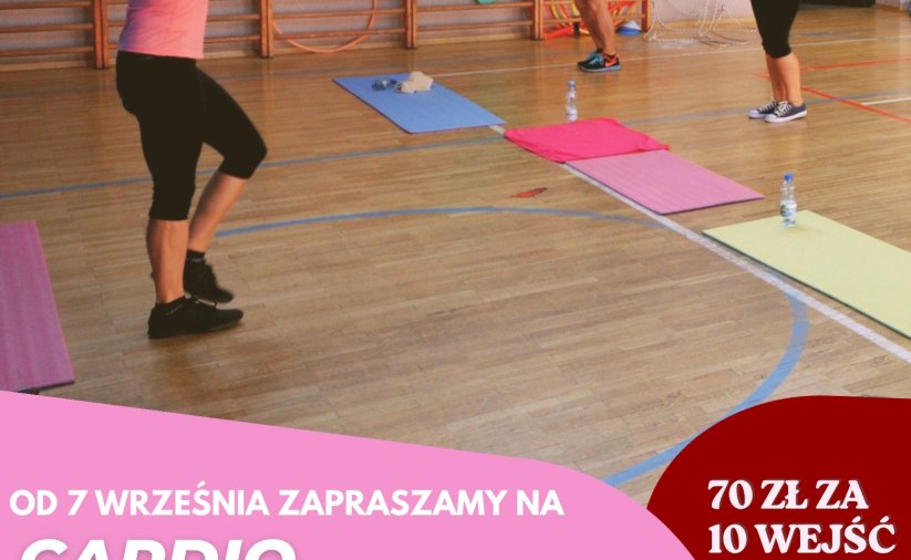 Plakat z informacjami podanymi w tekście ze zdjęciem trzech ćwiczących kobiet