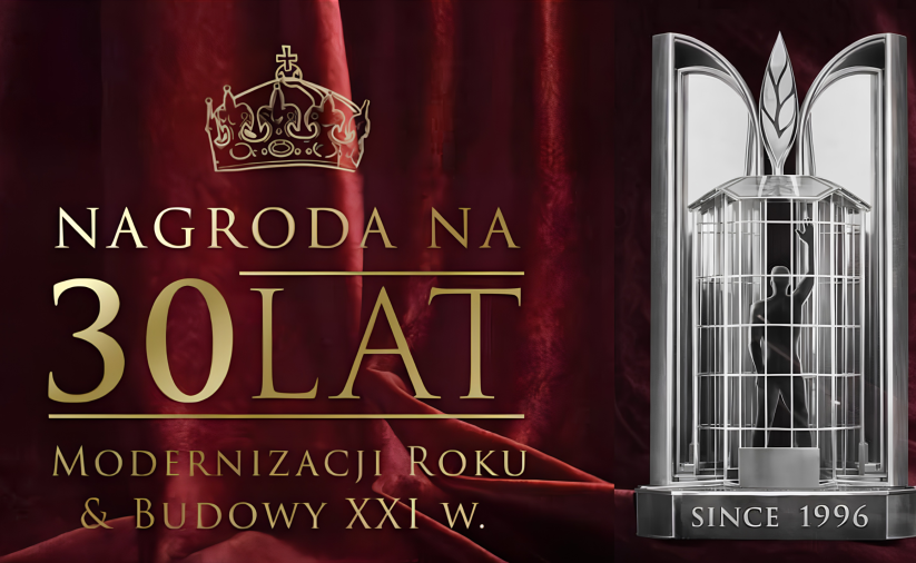 Grafika, bordowe tło i napis Nagroda 30 lat modernizacji roku
