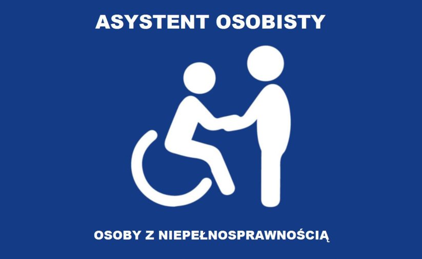 Grafika z niebieskim tłem i białym rysunkiem osoby na wózku inwalidzkiej i drugiej osoby stojącej naprzeciw