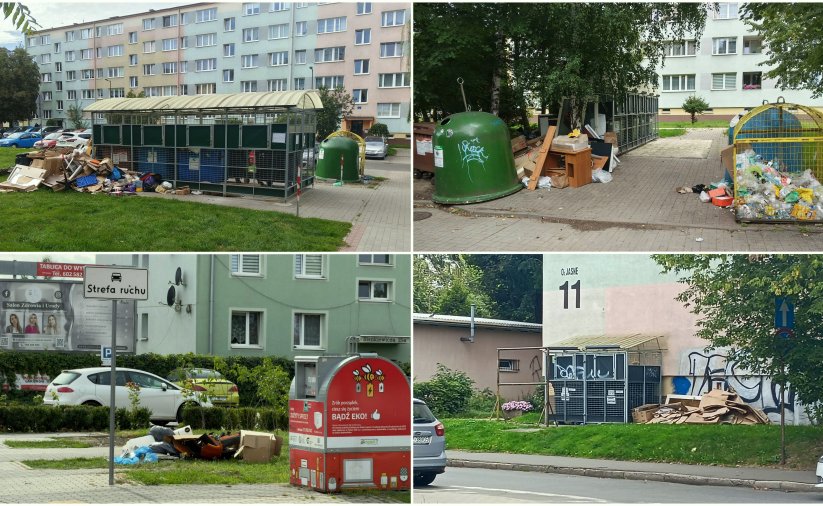 Kolaż czterech zdjęć śmietników, przy których pozostawiane są różne odpady