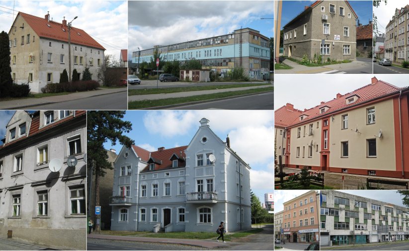 Kolaż zdjęć budynków mieszkalnych i użytkowych wystawionych w przetargu