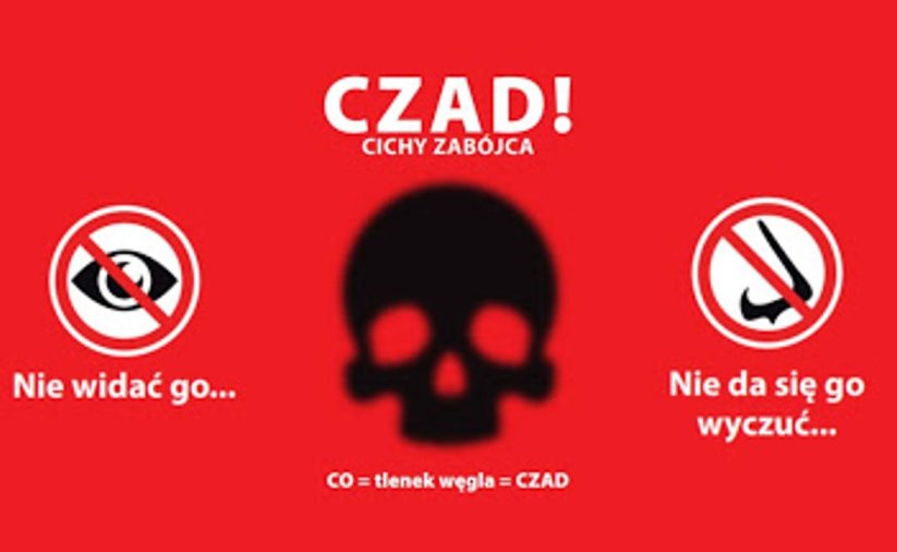Grafika, czerwone tło i biały napis "Czad- cichy zabójca"