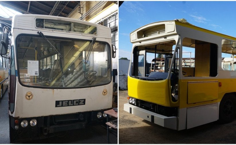 niebiesko biały stary jelcz i żółto-biały autobus marki jelcz bez szyb, w trakcie modernizacji