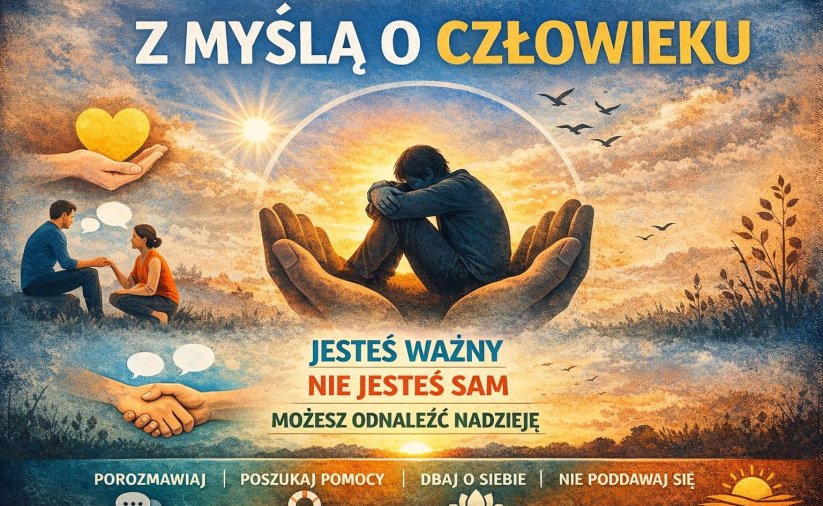 Grafika - rozłożone dłonie na których siedzi skulony mężczyzna, obok para podająca sobie ręce