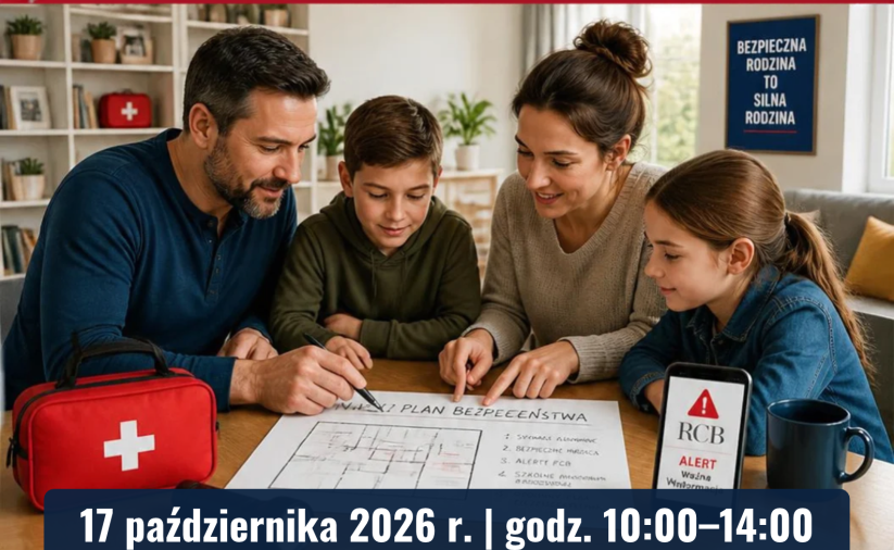 Plakat wydarzenia ze zdjęciem czteroosobowej rodziny siedzącej przy stole
