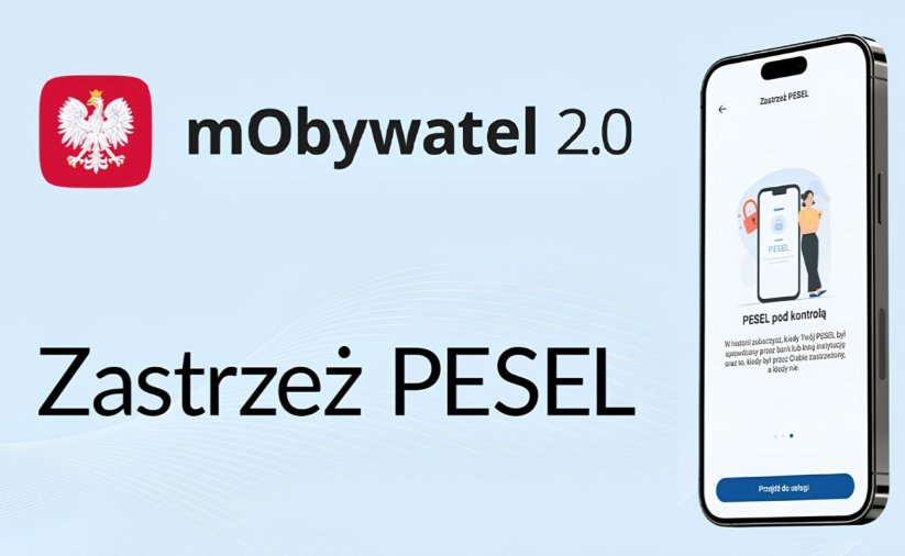 Grafika z napisem "Zastrzeż PESEL" i zdjęciem telefonu komórkowego