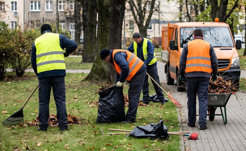 czterej mężczyzni w kolorowych kamizelkach wykonują prace porządkowe na terenie zielonym