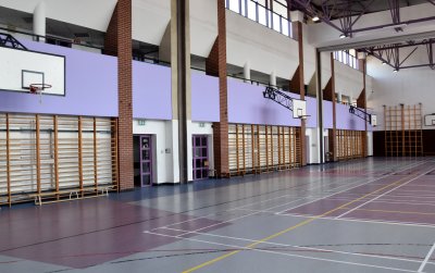 Sala gimnastyczna, przy ścianach drabinki, fioletowe ściany