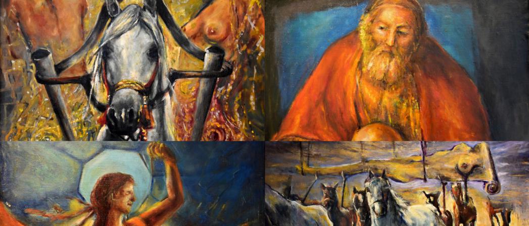 Kolaż czterech zdjęć - konie starzec i kobieta