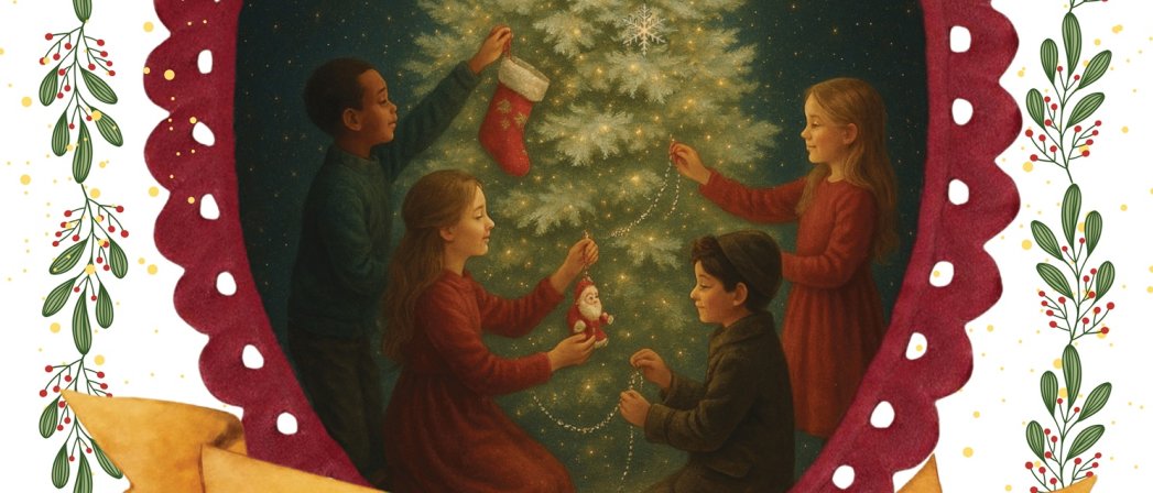 Plakat spektaklu z grafiką dzieci wieszających ozdoby na choince