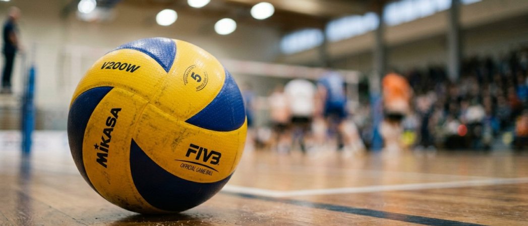 Piłka do siatkówki leżąca na parkiecie, w tle mecz siatkówki. Fot: Googl Ai