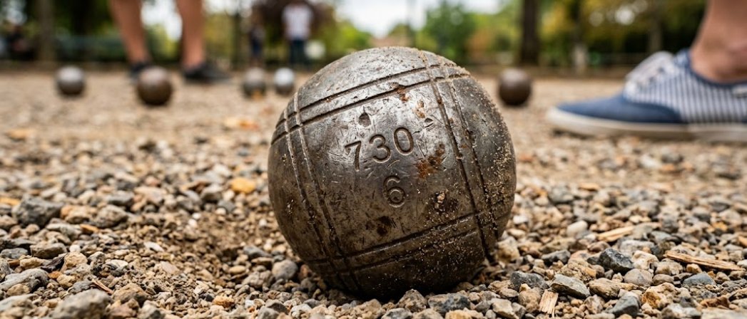 Kula do petanque leżaca na kamienistym podłożu