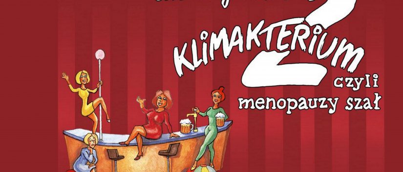 Rysunek czterech kobiet przy stoliku barowym, czerwone tło