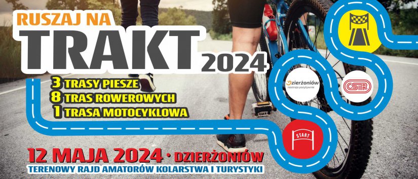 Grafika reklamująća wydarzenie, duży napis TRAKT, w tle zdjęćie rowerzysty
