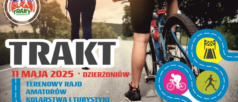 Napis TRAKT i zdjęcie dwóch osób: jednej idącej pieszo, a drugiej jadącej na rowerze
