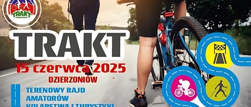 Napis TRAKT i zdjęcie dwóch osób: jednej idącej pieszo, a drugiej jadącej na rowerze