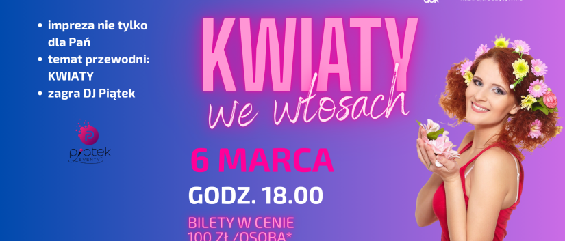 kobieta z kwiatami we włosach, napis kwiaty we włosach 6 marca