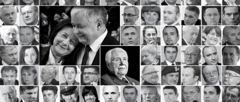 Kolaż czarno-białych zdjęć portretowych ofiar katastrofy smoleńskiej